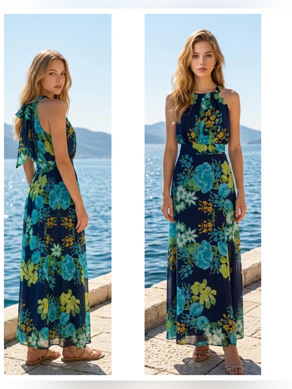 Madison Leigh Womens Sz 10 empire waist Floral multicolor Halter Maxi Dress